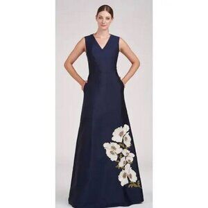 Kay Unger Dark Navy Blue Aurelia Floral Sleeveless Taffeta Gown
